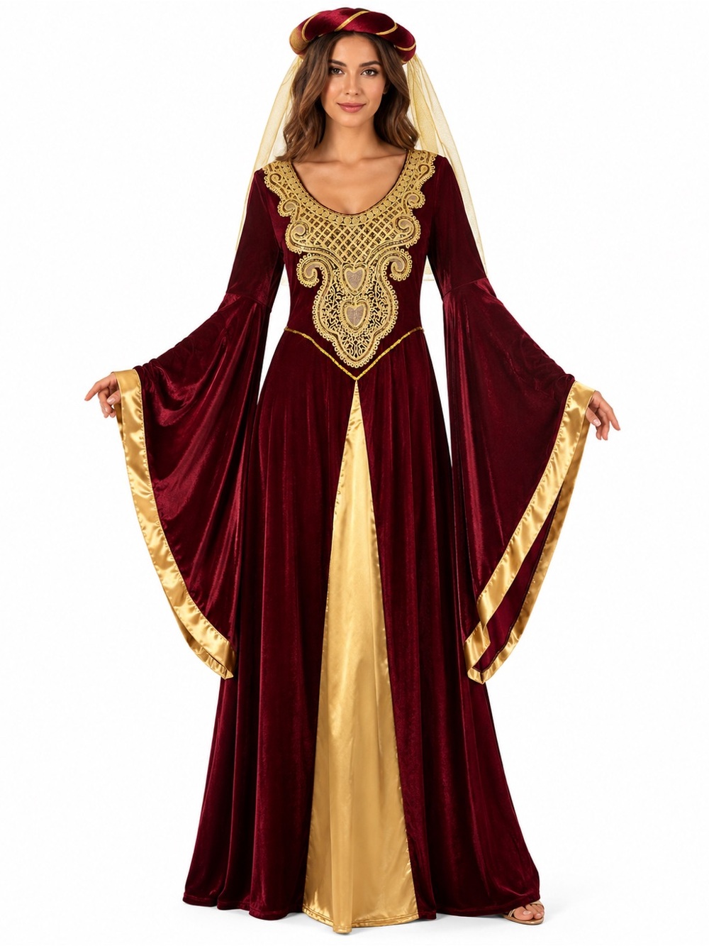 Spirit Burgundy & Gold Velvet Medieval Maxi Dress